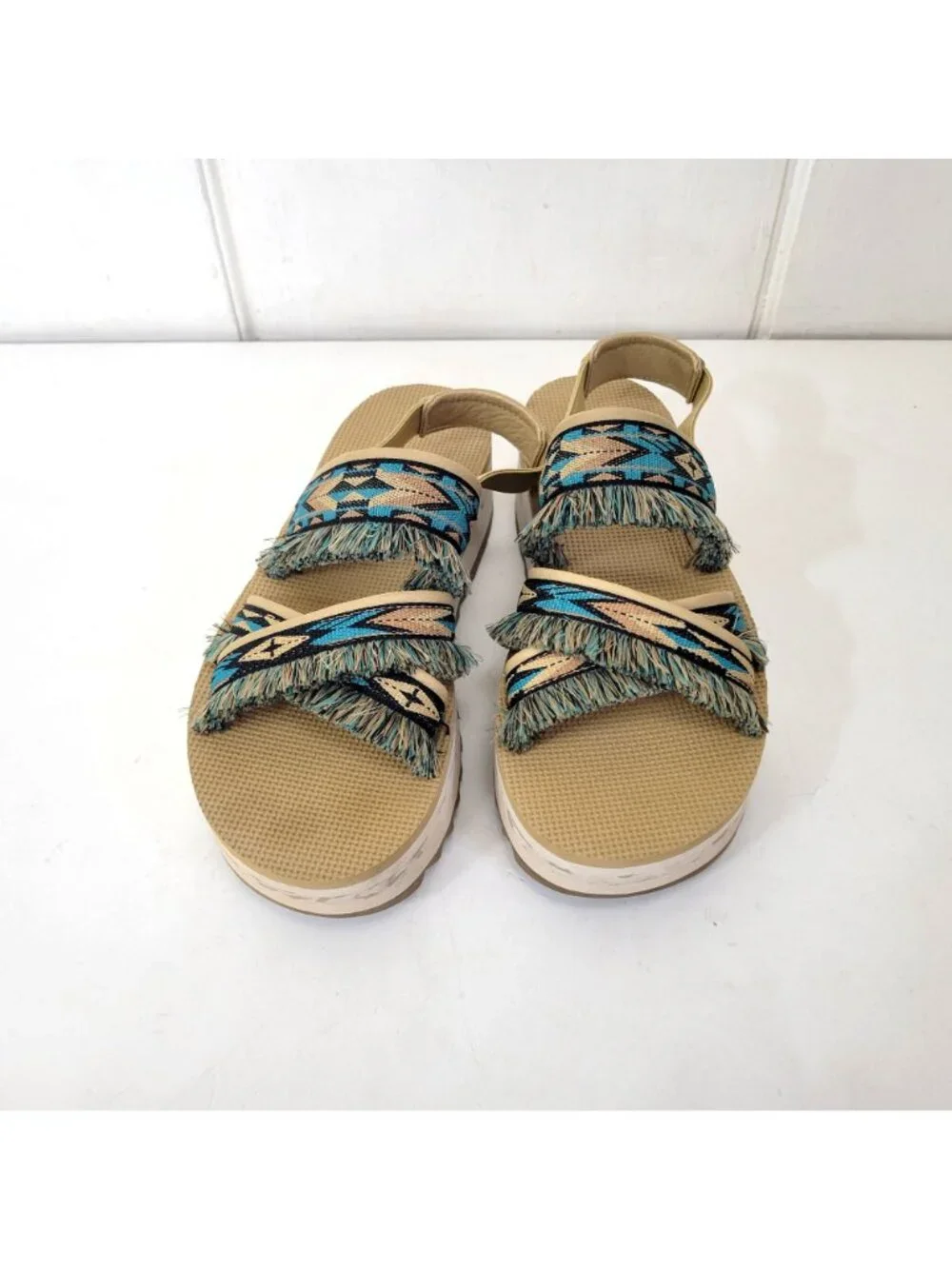 Teva Women's Fringe Platform Sandals With Aztec Print Straps & Wedge Sole Beige - Picture 8 of 9